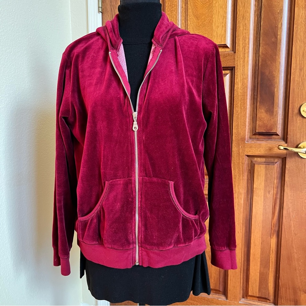 Women’s JULIE MANGO Long Sleeve Sweatshirt Hoodie Burgundy Velour Zip Up Small